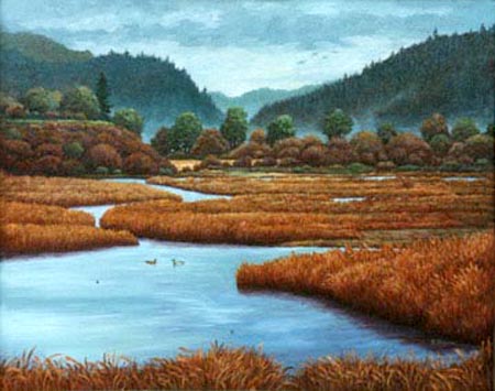 Oil painting of Scott Creek Marsh,
      California.