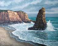 Oil painting of Davenport rocks and surf.