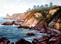 Oil painting of Ft. Ross misty coast.