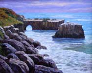 Oil painting of ocean with natural bridge.