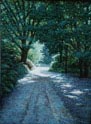 Oil painting of wooded path.