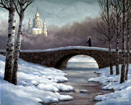 Oil painting of monk walking over bridge.