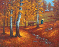 Oil painting of bear following St. Seraphim.