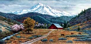 Oil painting of Shasta barn.