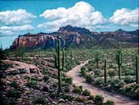 Oil painting of Superstition Mountain & desert.